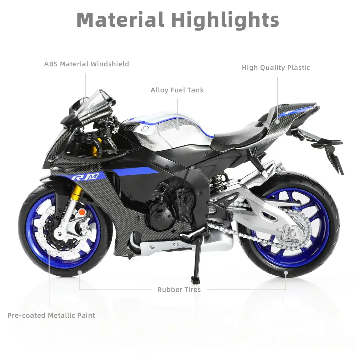 Risopen Yamaha YZF-R1 1000R Die-cast Motorcycle 1:12 Scale 16.9cm (6.7in) | Authentic USA Import - view 3