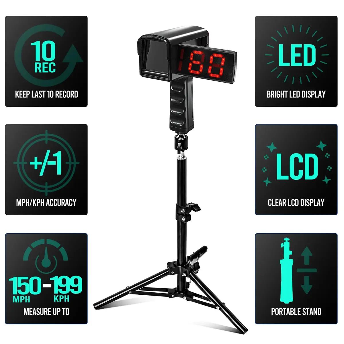 PLAYAPUT Baseball Radar Gun with Tripod, LED+LCD Dual Displays, 3-150 MPH Speed Measurement | Accurate Baseball & Softball Training Aid - view 3