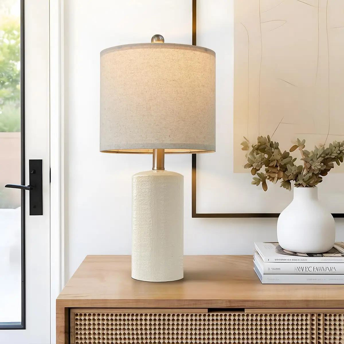 G-SAFAVA Modern Ceramic Table Lamp with Linen Shade 20.25" (51.4 cm) | Farmhouse Bedside Lamp for Bedroom - main product image