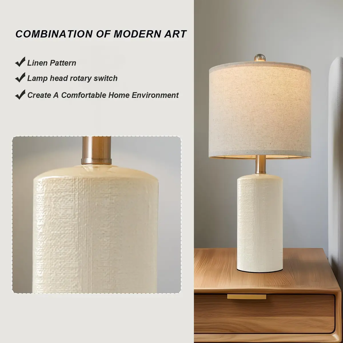 G-SAFAVA Modern Ceramic Table Lamp with Linen Shade 20.25" (51.4 cm) | Farmhouse Bedside Lamp for Bedroom - view 3