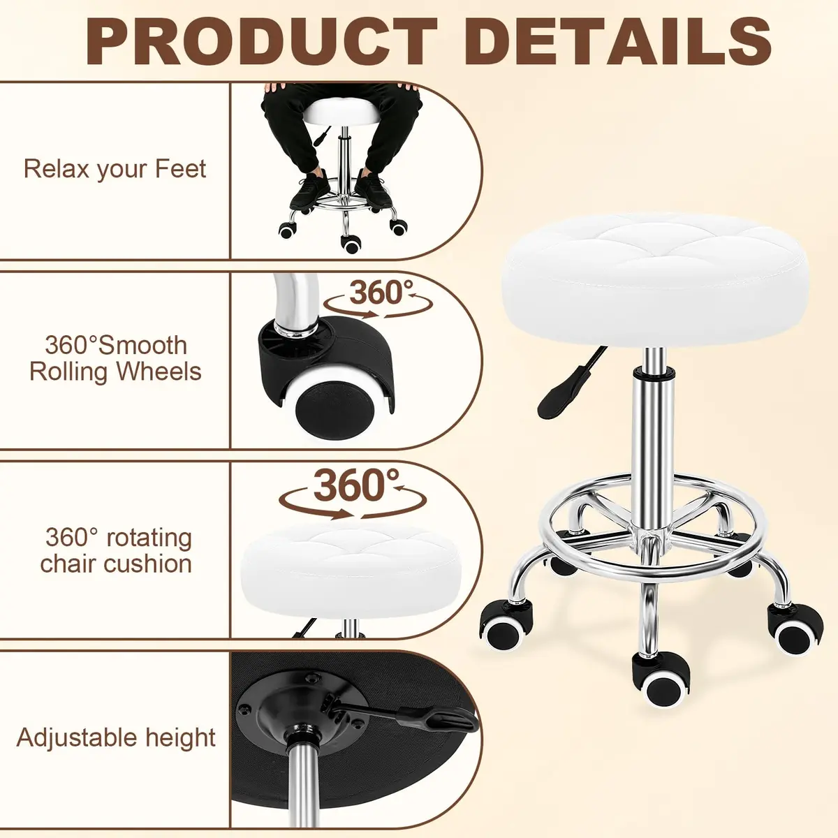 IBVIVIC PU Leather Rolling Stool Height Adjustable Round Swivel Stools | 250LBS Capacity, Waterproof PU Leather, Modern Design - view 5