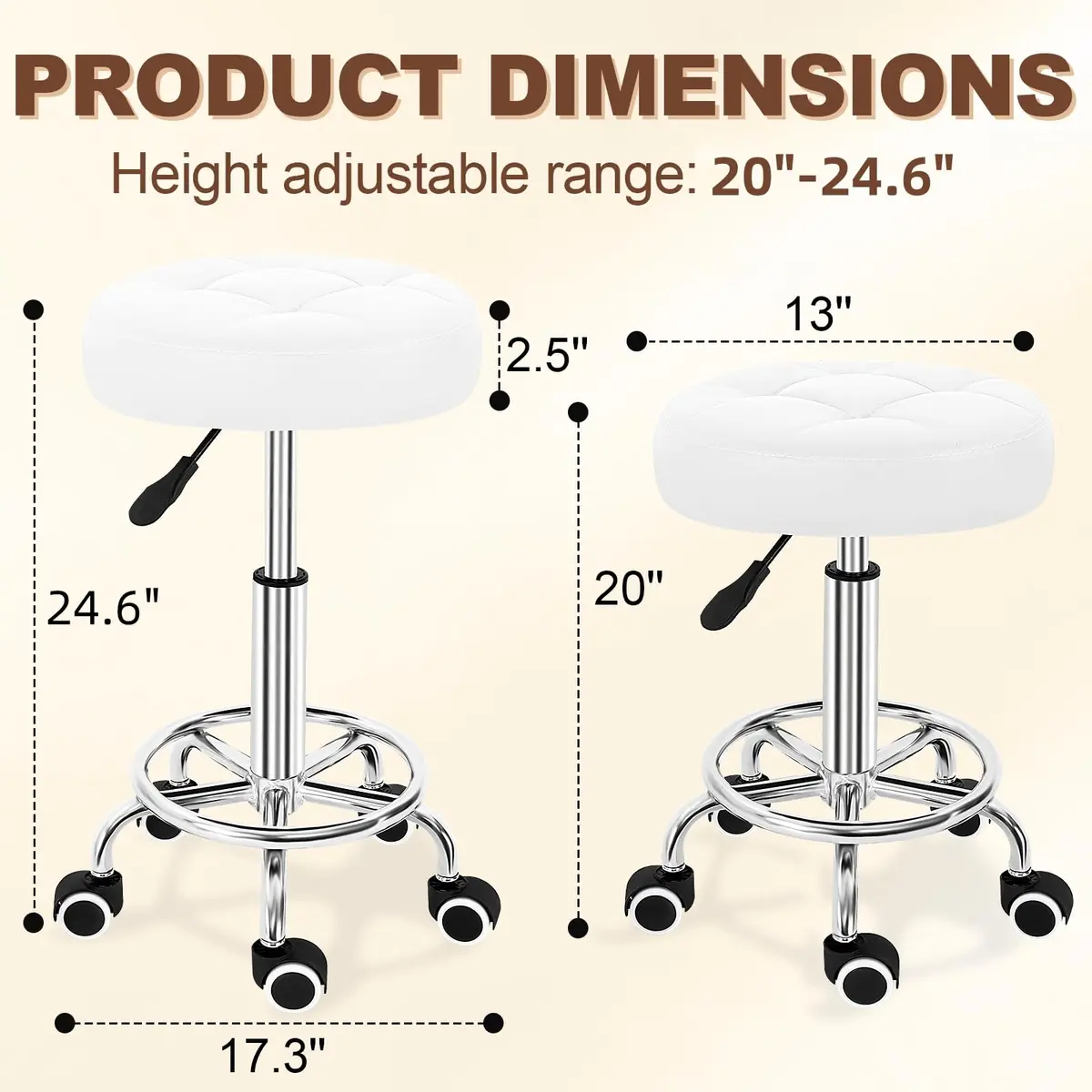 IBVIVIC PU Leather Rolling Stool Height Adjustable Round Swivel Stools | 250LBS Capacity, Waterproof PU Leather, Modern Design - view 2
