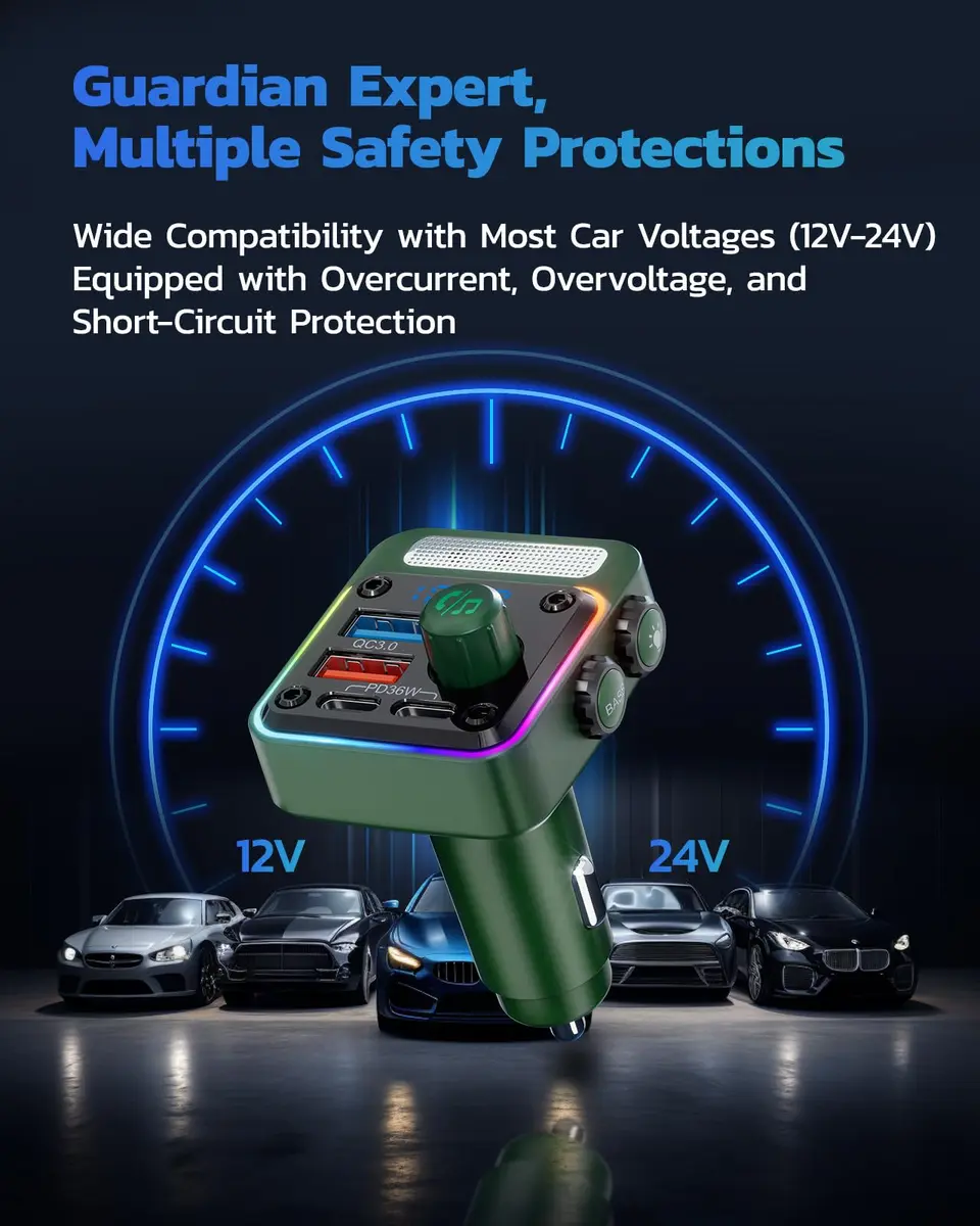 Nulaxy 54W Bluetooth 5.3 Car Adapter FM Transmitter 4-Port Fast Charging | 12V-24V Compatible - view 8