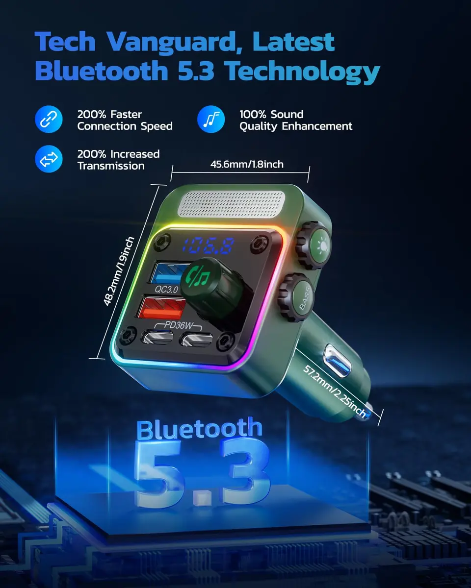 Nulaxy 54W Bluetooth 5.3 Car Adapter FM Transmitter 4-Port Fast Charging | 12V-24V Compatible - view 3