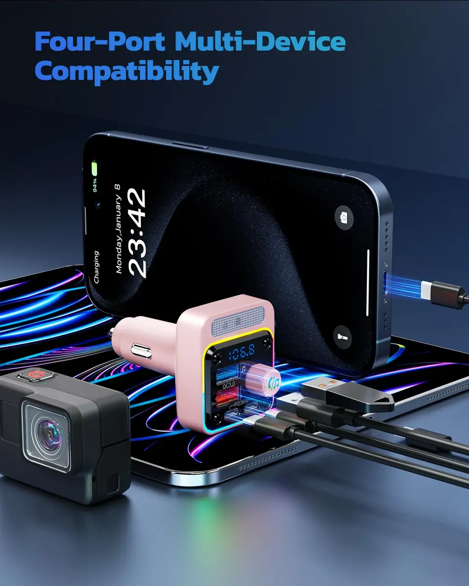 Nulaxy BC91 54W Bluetooth 5.3 Car Adapter FM Transmitter with 4-Port Fast Charging | PD36W QC18W USB C - view 6