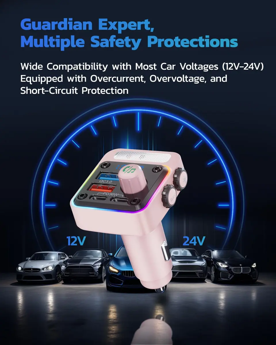 Nulaxy BC91 54W Bluetooth 5.3 Car Adapter FM Transmitter with 4-Port Fast Charging | PD36W QC18W USB C - view 8