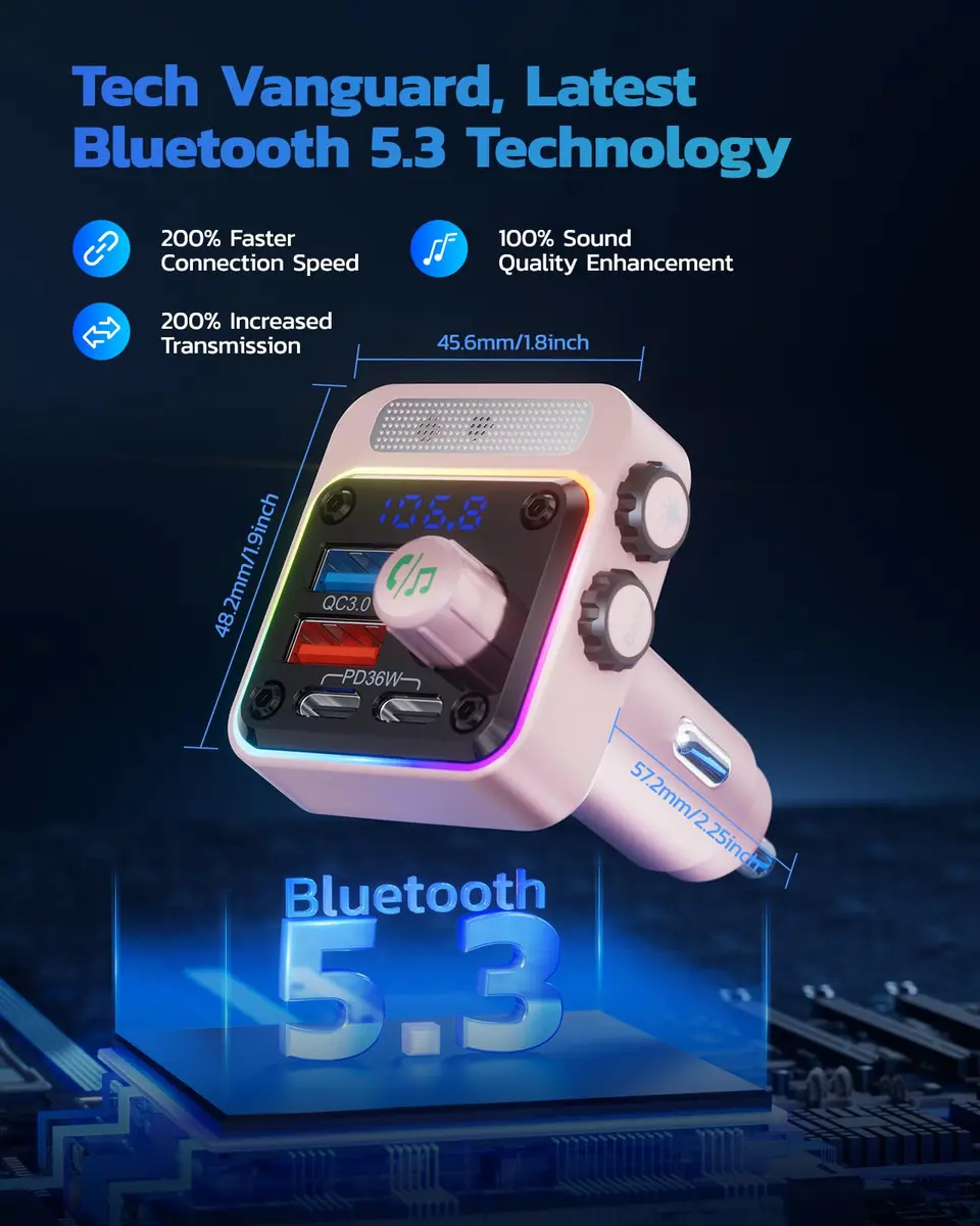 Nulaxy BC91 54W Bluetooth 5.3 Car Adapter FM Transmitter with 4-Port Fast Charging | PD36W QC18W USB C - view 3