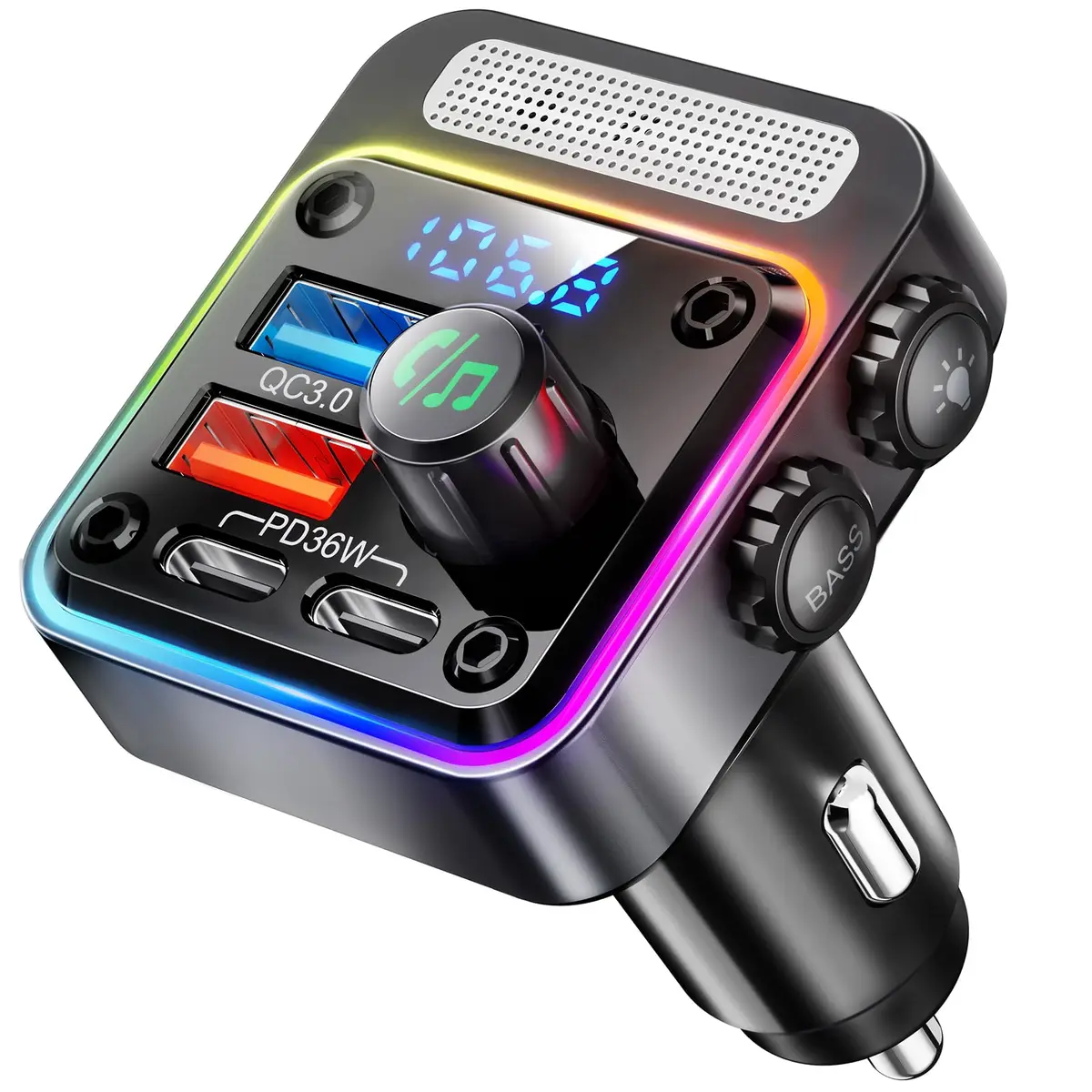Nulaxy 54W Bluetooth 5.3 Car Adapter, FM Transmitter 4-Port Fast Charging | 54W High Power, 4 Ports, Bluetooth 5.3, Deep Bass, Night Lighting - main product image