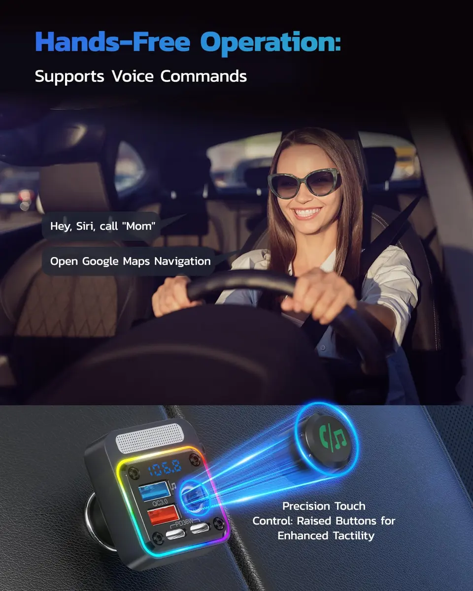 Nulaxy 54W Bluetooth 5.3 Car Adapter, FM Transmitter 4-Port Fast Charging | 54W High Power, 4 Ports, Bluetooth 5.3, Deep Bass, Night Lighting - view 5