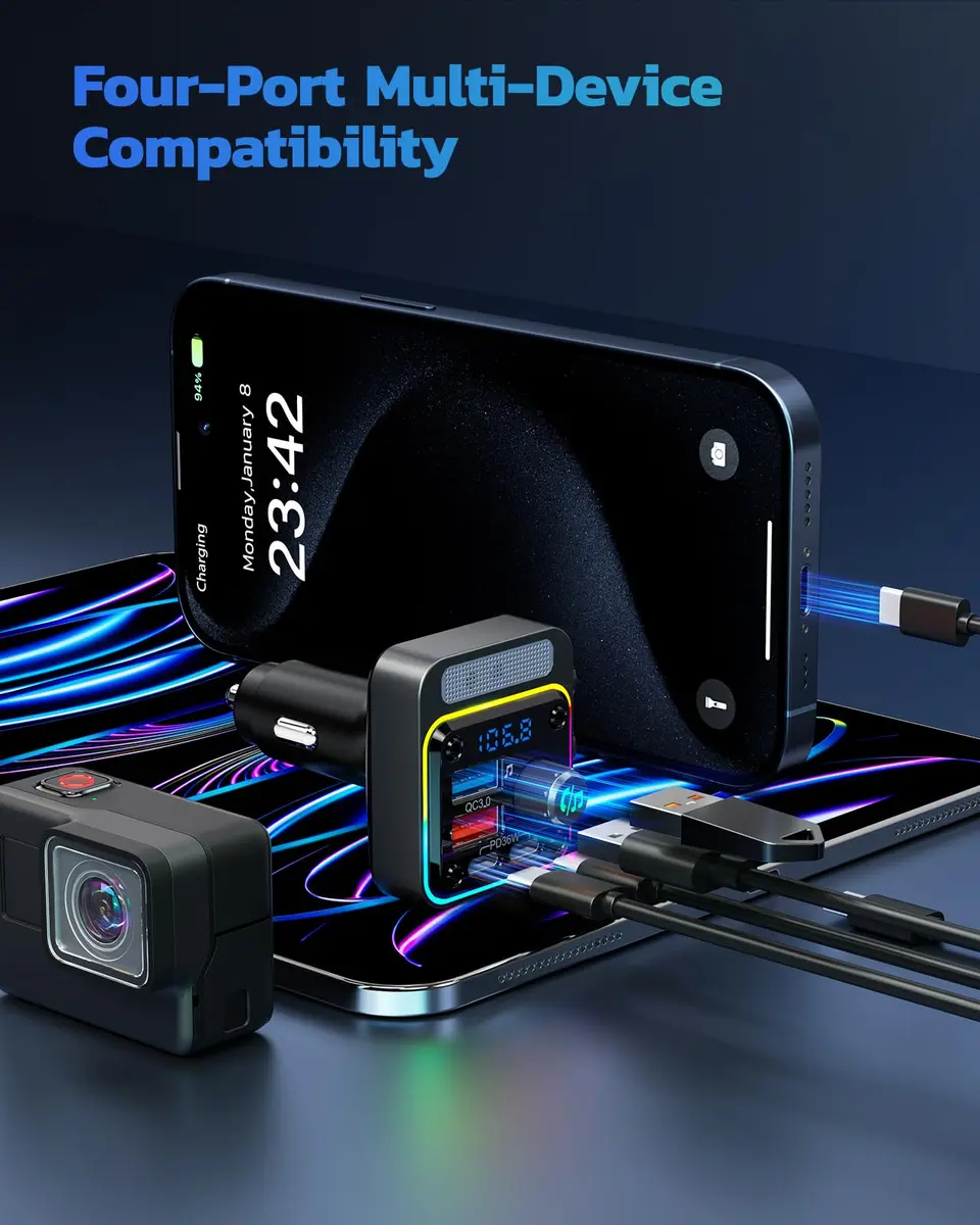 Nulaxy 54W Bluetooth 5.3 Car Adapter, FM Transmitter 4-Port Fast Charging | 54W High Power, 4 Ports, Bluetooth 5.3, Deep Bass, Night Lighting - view 6
