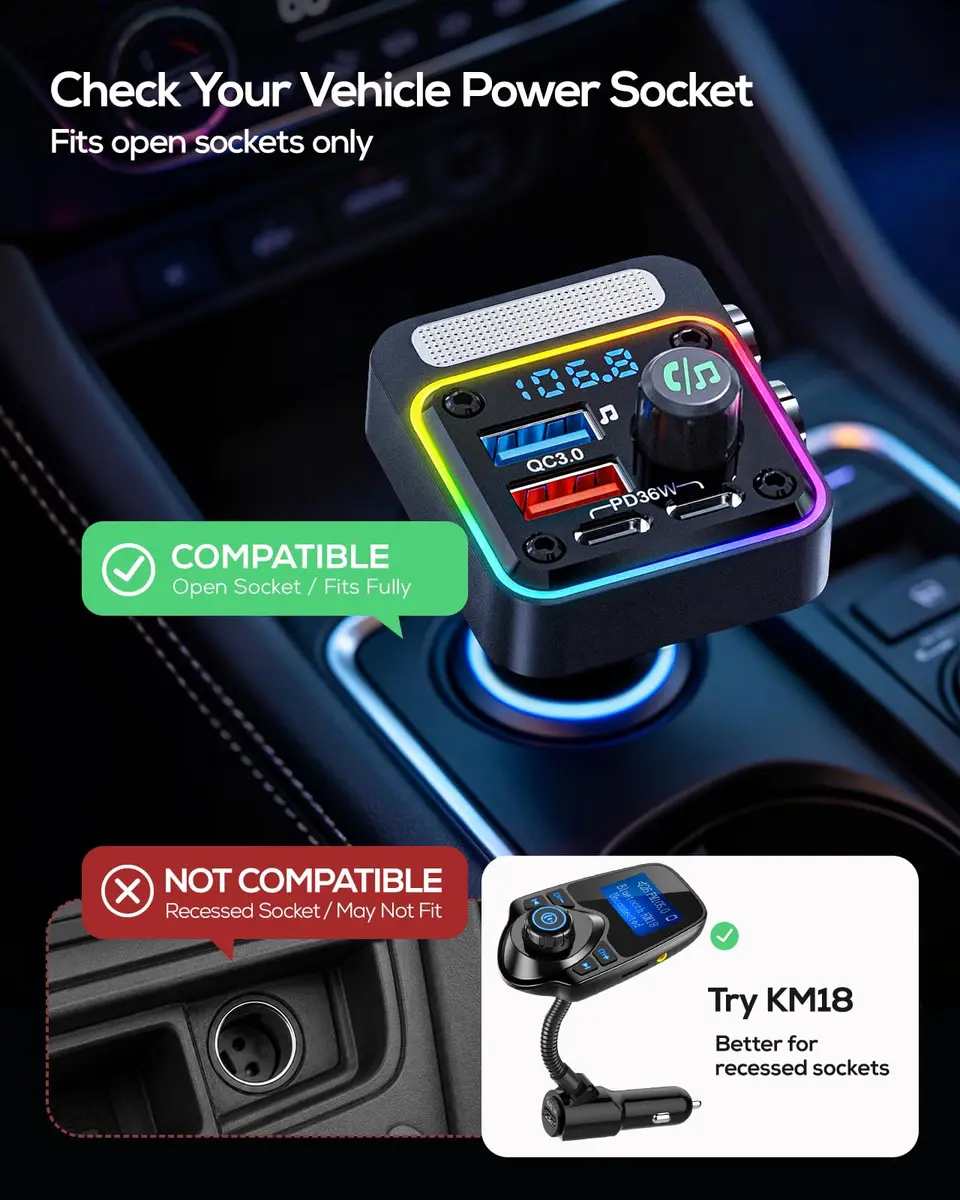 Nulaxy 54W Bluetooth 5.3 Car Adapter, FM Transmitter 4-Port Fast Charging | 54W High Power, 4 Ports, Bluetooth 5.3, Deep Bass, Night Lighting - view 7