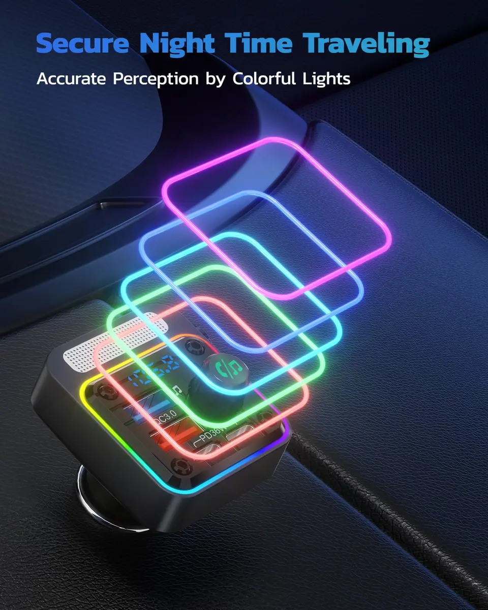 Nulaxy 54W Bluetooth 5.3 Car Adapter, FM Transmitter 4-Port Fast Charging | 54W High Power, 4 Ports, Bluetooth 5.3, Deep Bass, Night Lighting - view 8