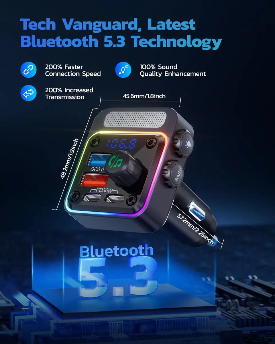 Nulaxy 54W Bluetooth 5.3 Car Adapter, FM Transmitter 4-Port Fast Charging | 54W High Power, 4 Ports, Bluetooth 5.3, Deep Bass, Night Lighting - view 3