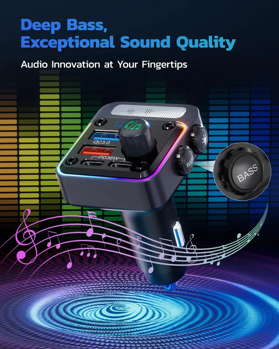 Nulaxy 54W Bluetooth 5.3 Car Adapter, FM Transmitter 4-Port Fast Charging | 54W High Power, 4 Ports, Bluetooth 5.3, Deep Bass, Night Lighting - view 4