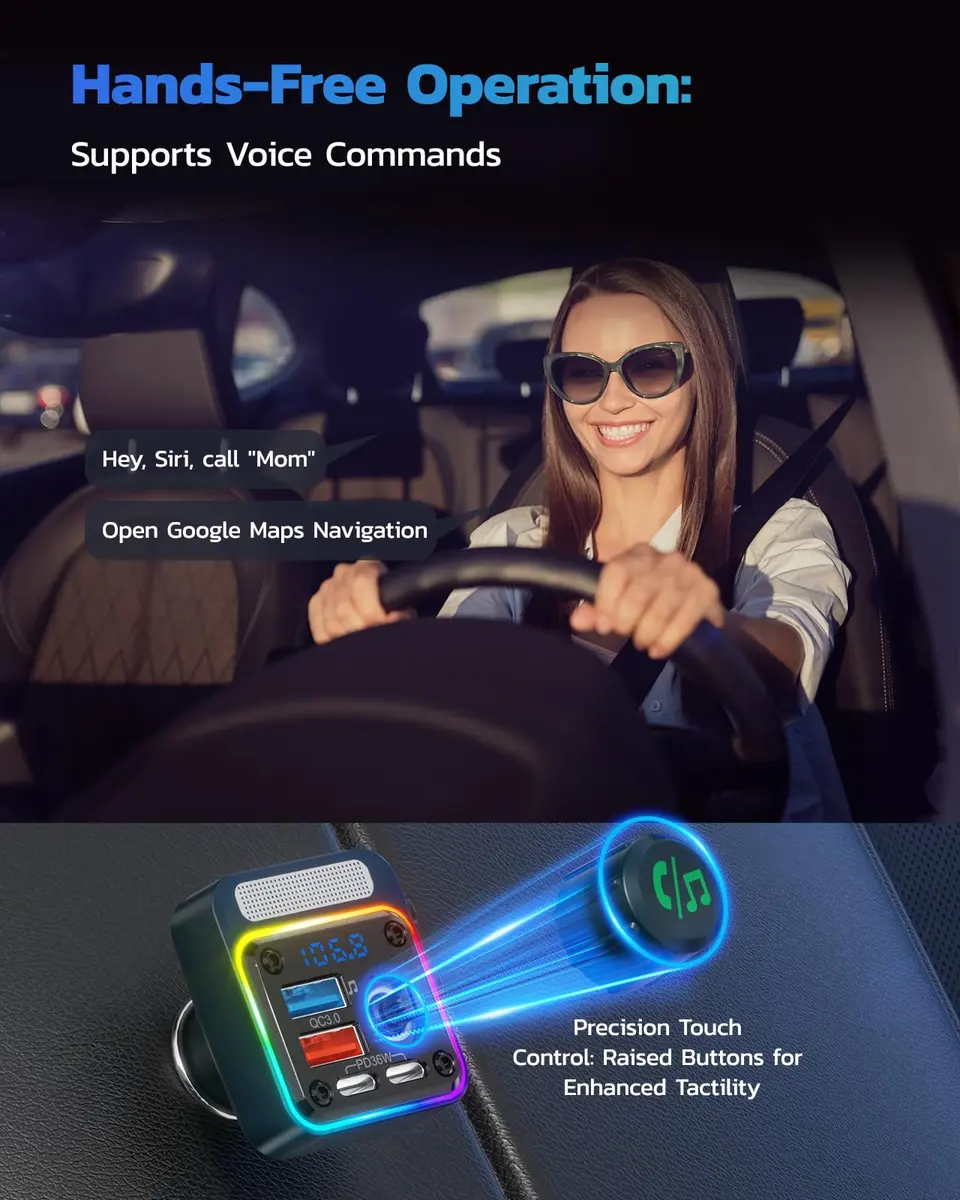 Nulaxy BC91 54W Bluetooth 5.3 Car Adapter FM Transmitter with 4-Port Fast Charging | Hands-Free Calls & Deep Bass - view 5