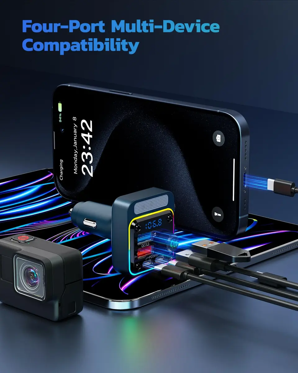 Nulaxy BC91 54W Bluetooth 5.3 Car Adapter FM Transmitter with 4-Port Fast Charging | Hands-Free Calls & Deep Bass - view 6