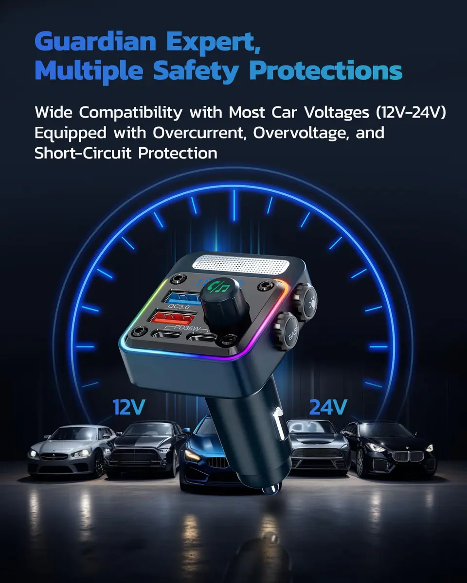 Nulaxy BC91 54W Bluetooth 5.3 Car Adapter FM Transmitter with 4-Port Fast Charging | Hands-Free Calls & Deep Bass - view 8