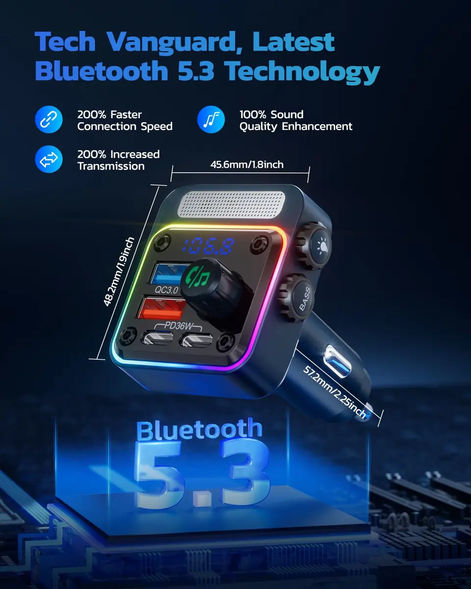 Nulaxy BC91 54W Bluetooth 5.3 Car Adapter FM Transmitter with 4-Port Fast Charging | Hands-Free Calls & Deep Bass - view 3