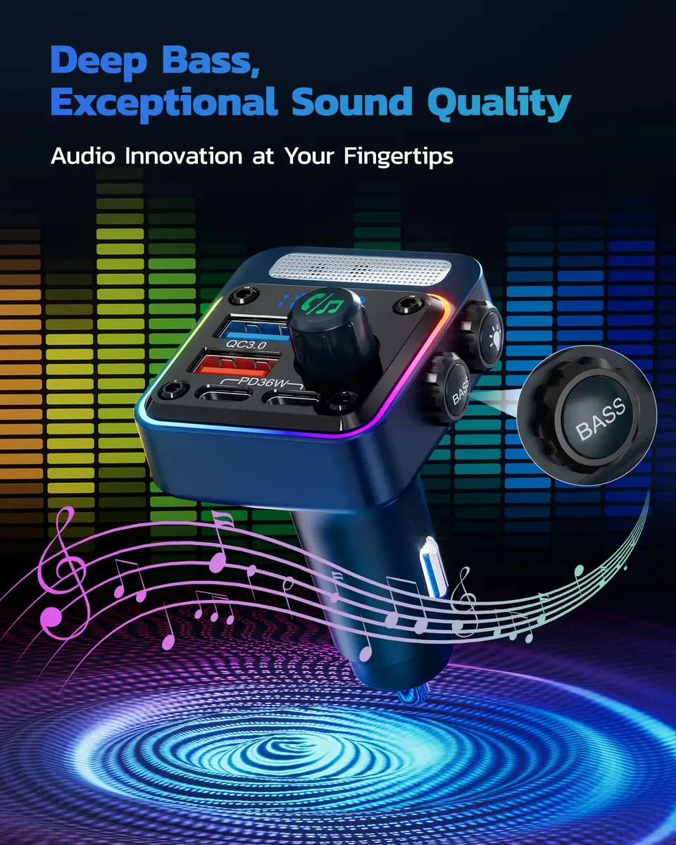 Nulaxy BC91 54W Bluetooth 5.3 Car Adapter FM Transmitter with 4-Port Fast Charging | Hands-Free Calls & Deep Bass - view 4