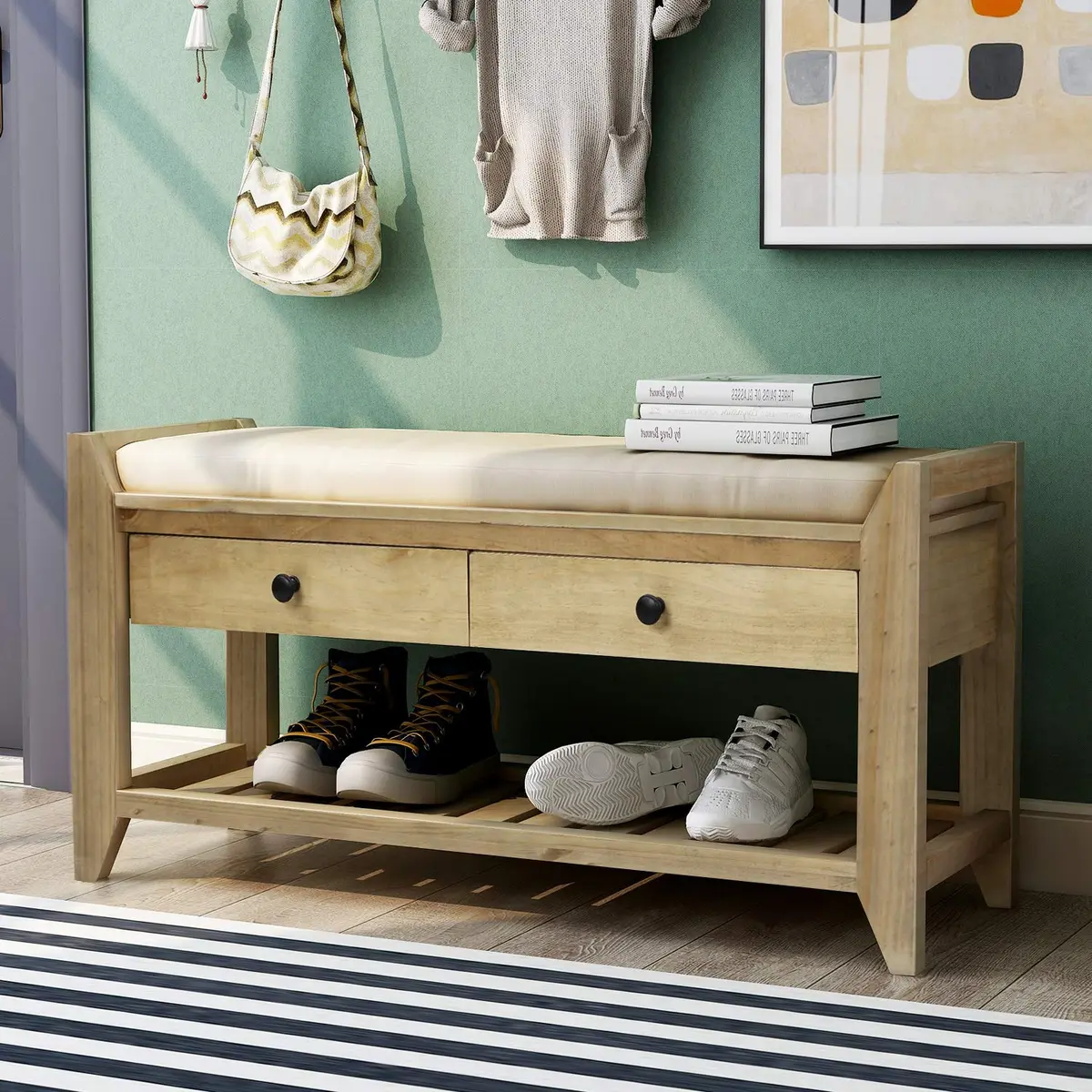 Acosure 39″ Storage Bench with Cushioned Seat and Drawers | Wooden Entryway Ottoman with Hidden Compartment - main product image