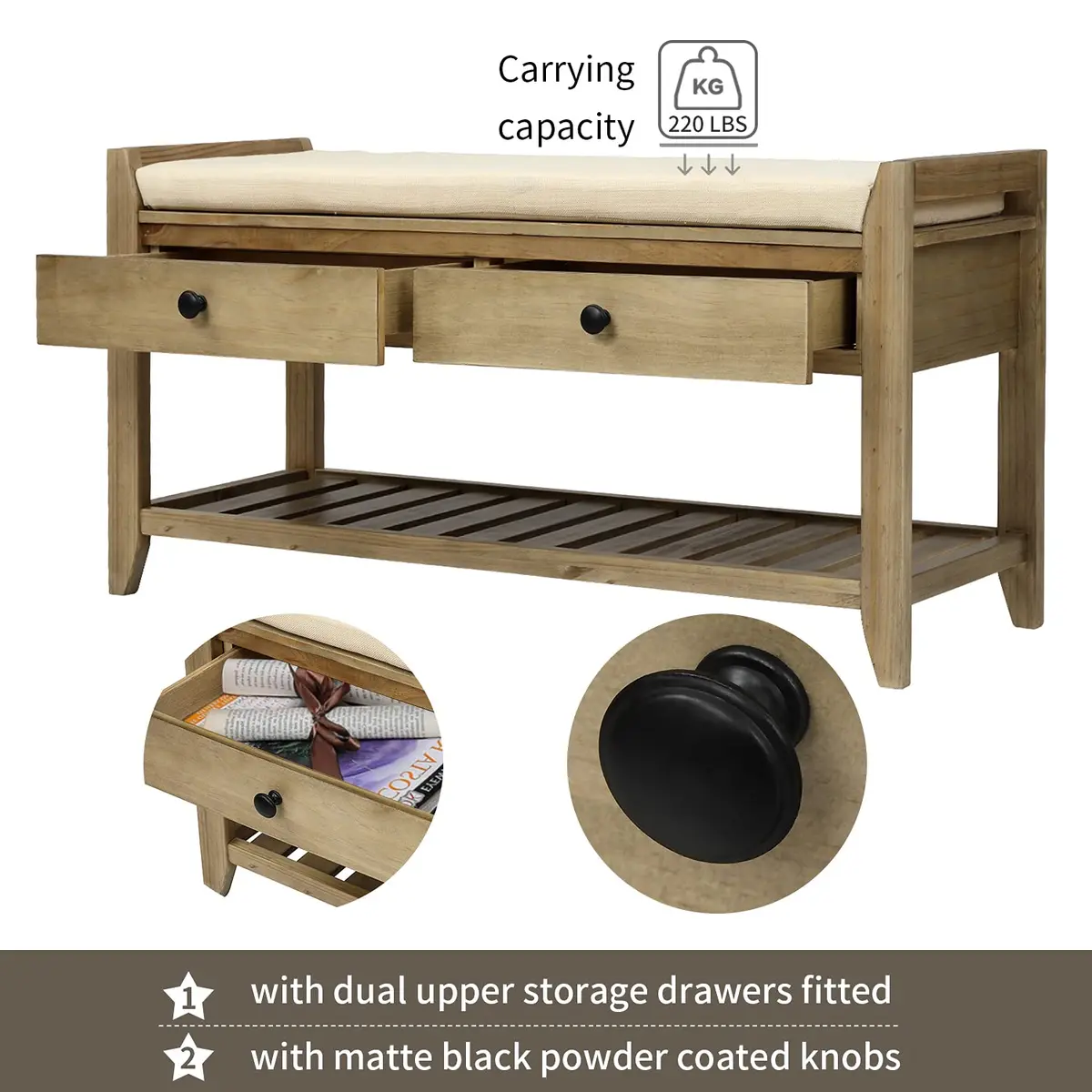 Acosure 39″ Storage Bench with Cushioned Seat and Drawers | Wooden Entryway Ottoman with Hidden Compartment - view 5