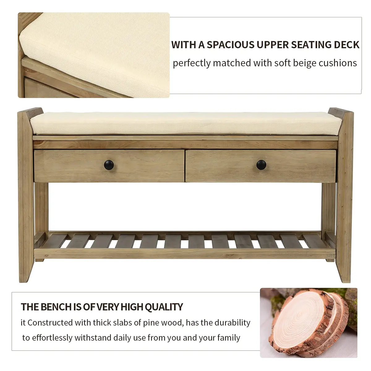 Acosure 39″ Storage Bench with Cushioned Seat and Drawers | Wooden Entryway Ottoman with Hidden Compartment - view 6
