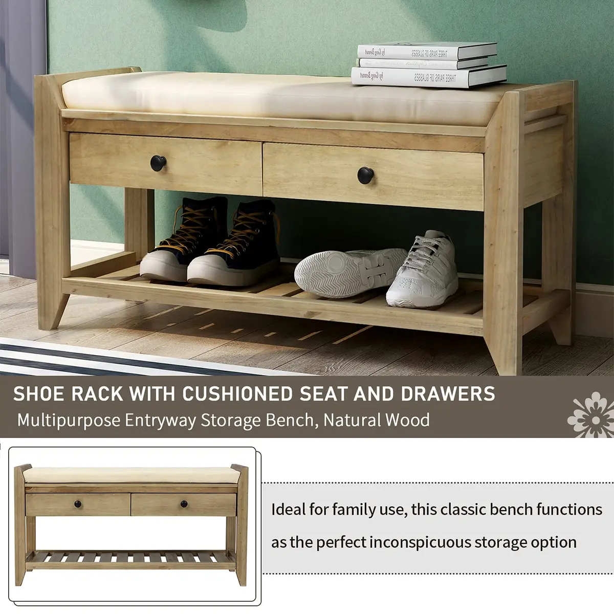 Acosure 39″ Storage Bench with Cushioned Seat and Drawers | Wooden Entryway Ottoman with Hidden Compartment - view 7