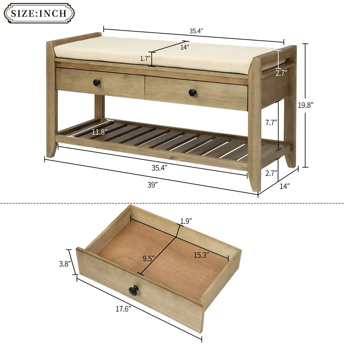 Acosure 39″ Storage Bench with Cushioned Seat and Drawers | Wooden Entryway Ottoman with Hidden Compartment - view 2