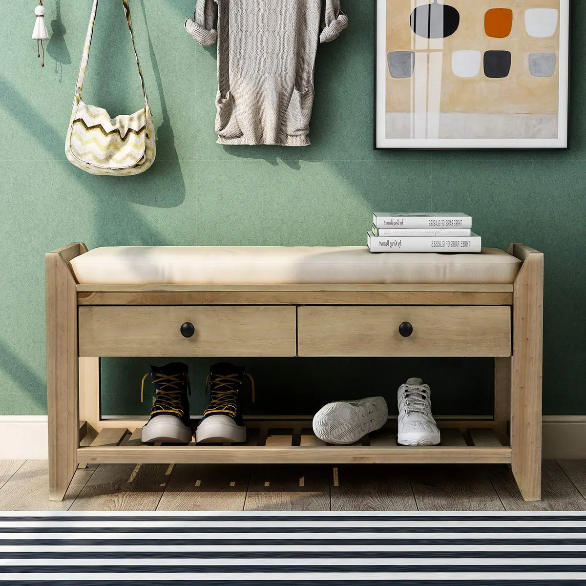 Acosure 39″ Storage Bench with Cushioned Seat and Drawers | Wooden Entryway Ottoman with Hidden Compartment - view 3