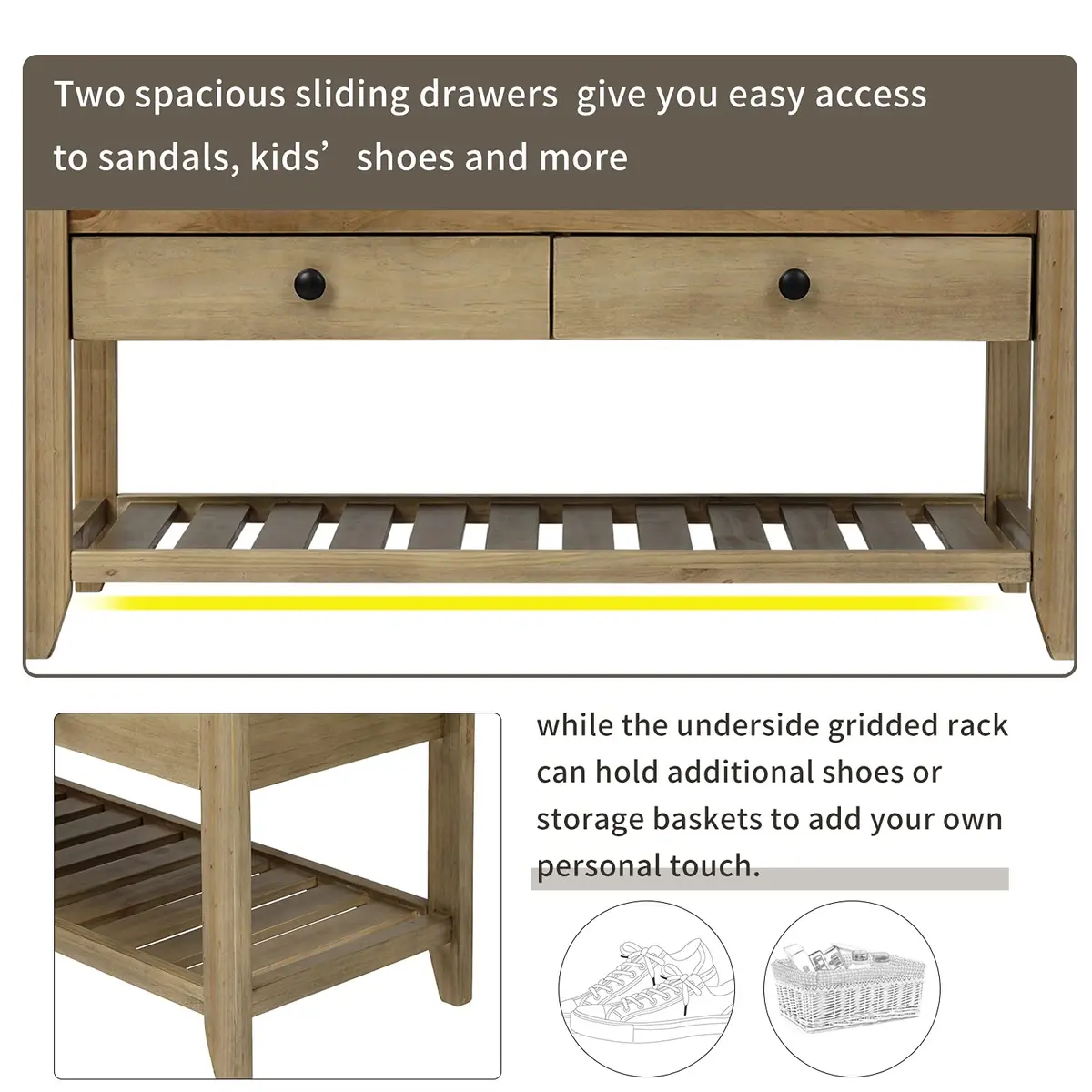 Acosure 39″ Storage Bench with Cushioned Seat and Drawers | Wooden Entryway Ottoman with Hidden Compartment - view 4