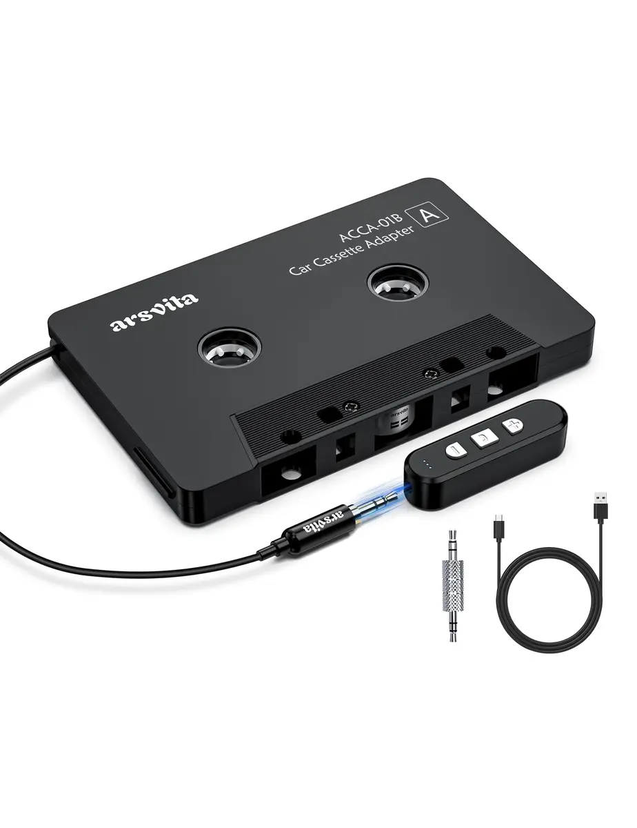 arsvita Bluetooth Cassette Adapter with 3.5mm Aux Cable, Black | Upgraded 5.1 Bluetooth for Car Audio Systems - main product image
