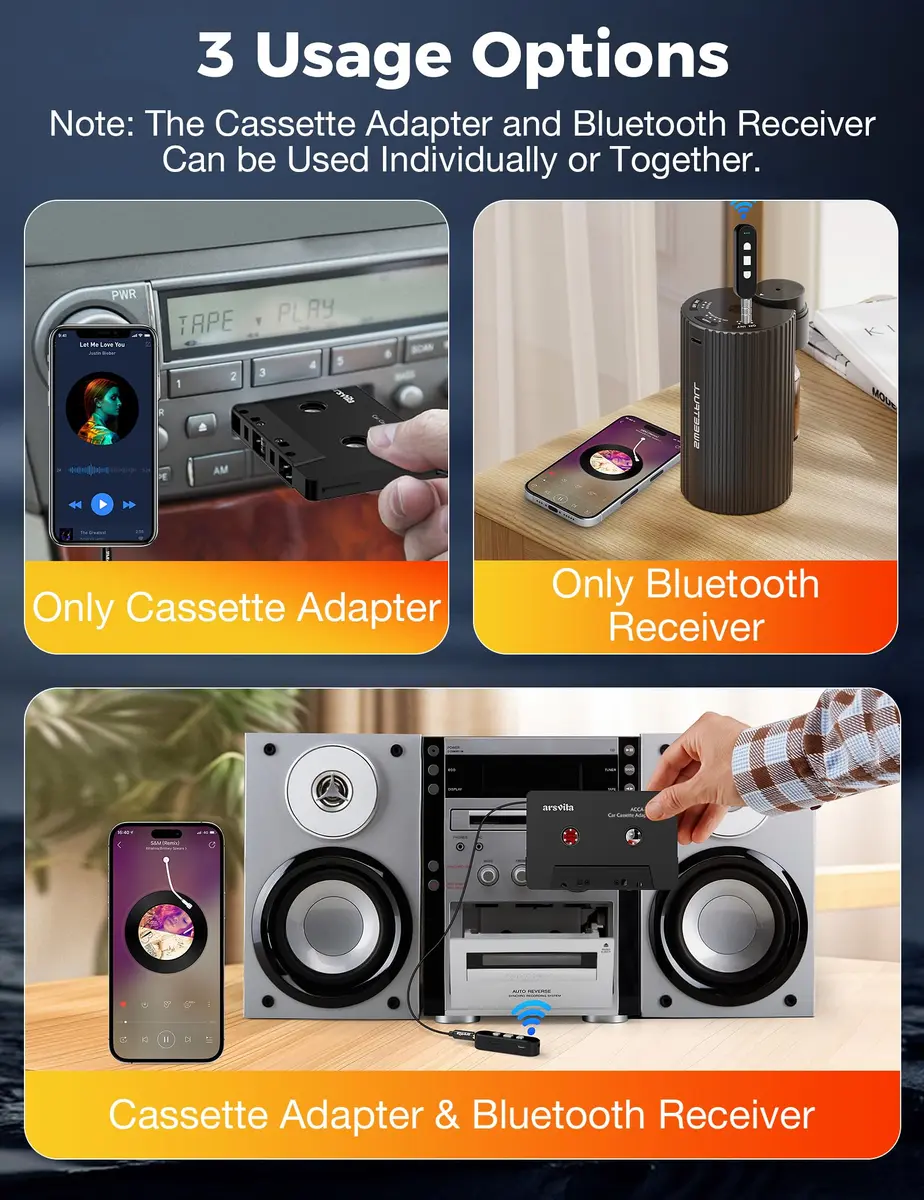 arsvita Bluetooth Cassette Adapter with 3.5mm Aux Cable, Black | Upgraded 5.1 Bluetooth for Car Audio Systems - view 5