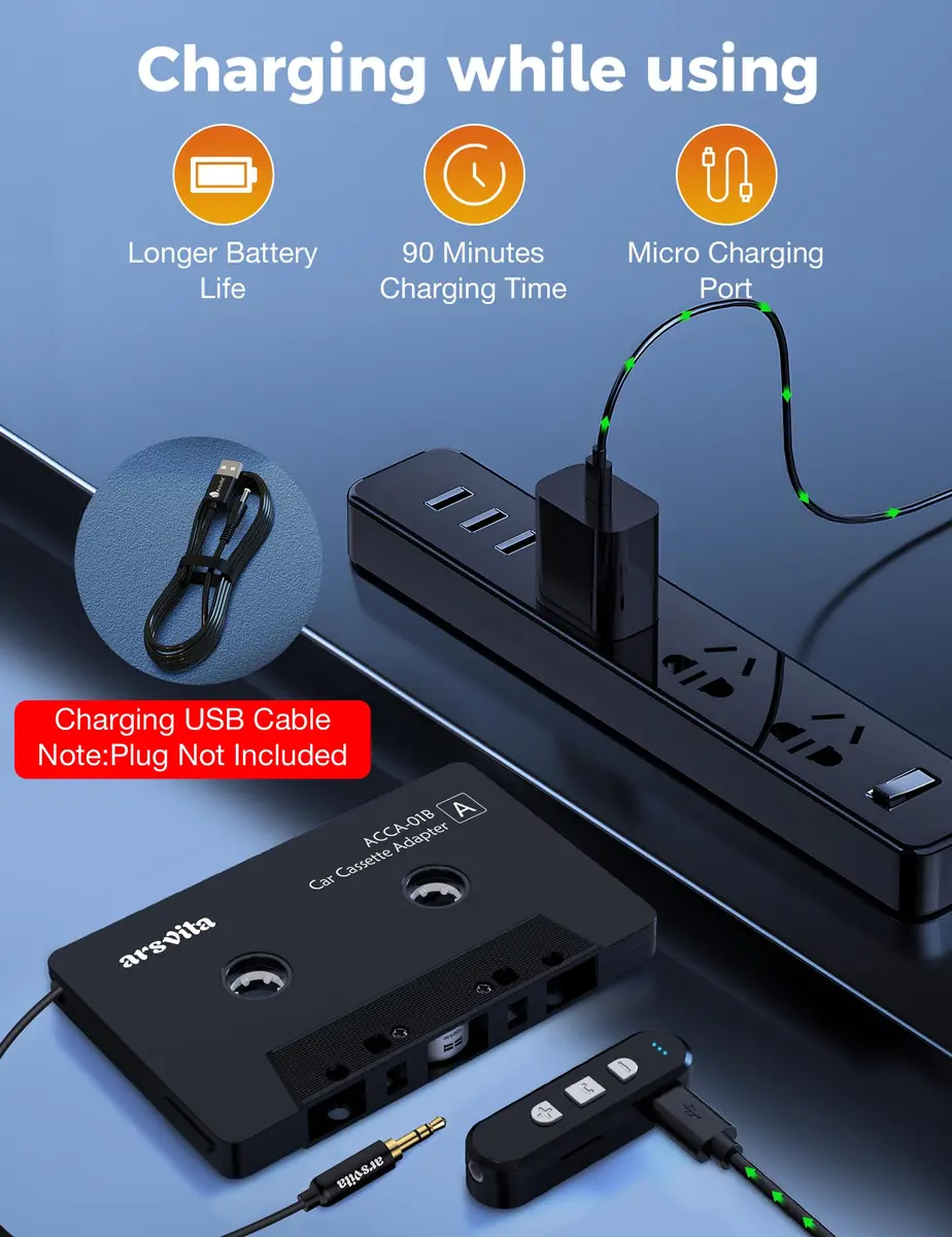 arsvita Bluetooth Cassette Adapter with 3.5mm Aux Cable, Black | Upgraded 5.1 Bluetooth for Car Audio Systems - view 7