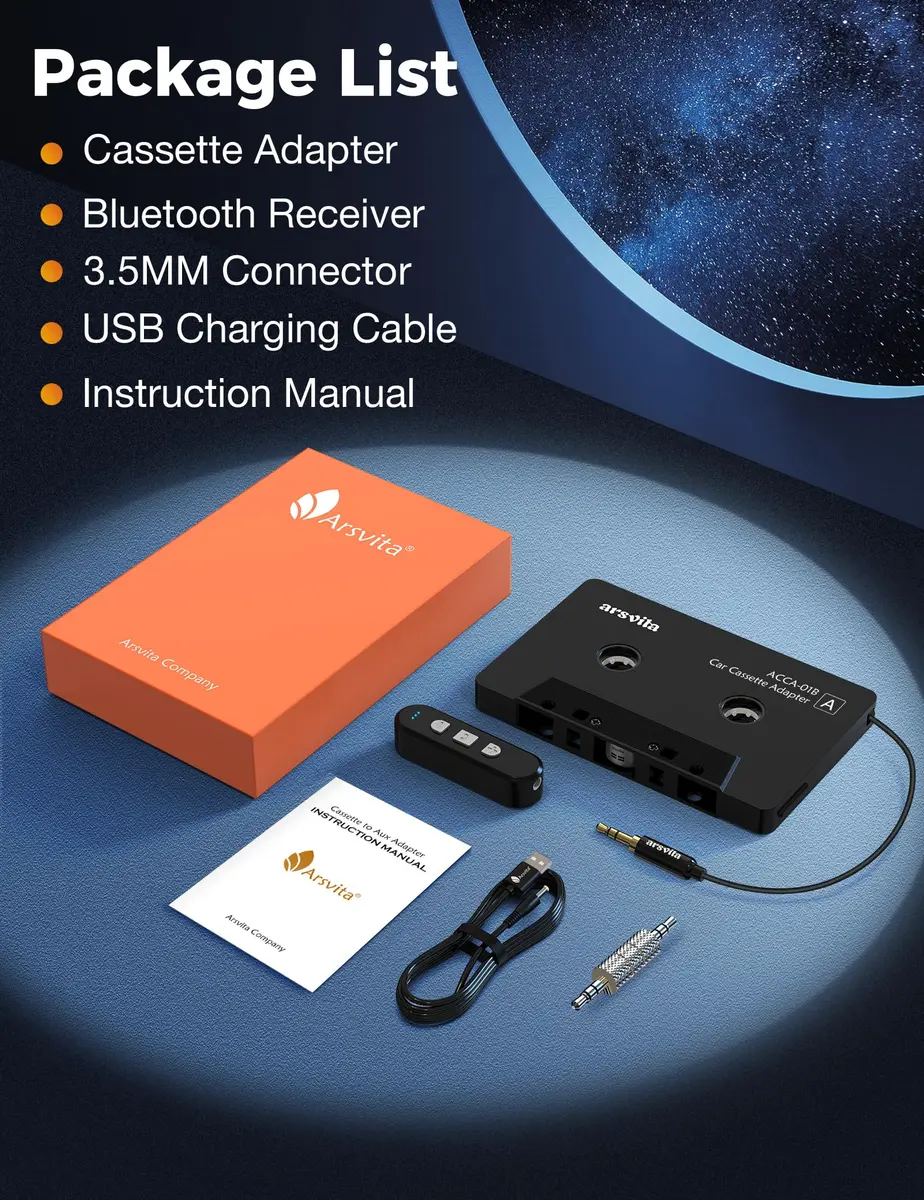 arsvita Bluetooth Cassette Adapter with 3.5mm Aux Cable, Black | Upgraded 5.1 Bluetooth for Car Audio Systems - view 9