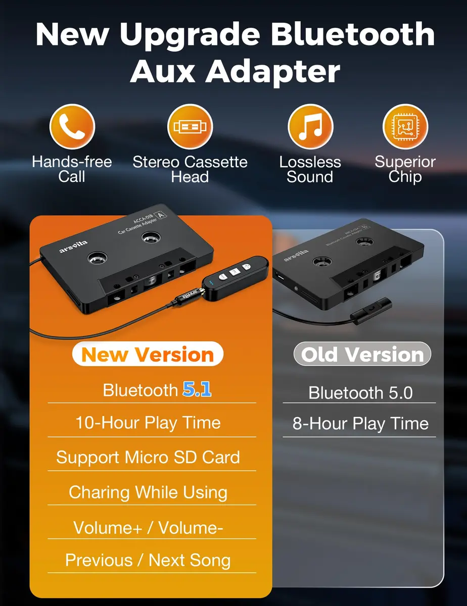 arsvita Bluetooth Cassette Adapter with 3.5mm Aux Cable, Black | Upgraded 5.1 Bluetooth for Car Audio Systems - view 2