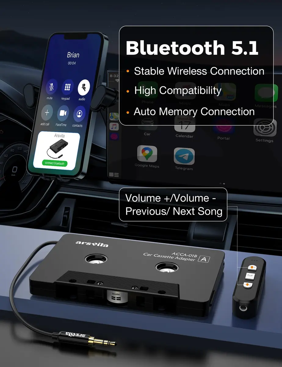 arsvita Bluetooth Cassette Adapter with 3.5mm Aux Cable, Black | Upgraded 5.1 Bluetooth for Car Audio Systems - view 3