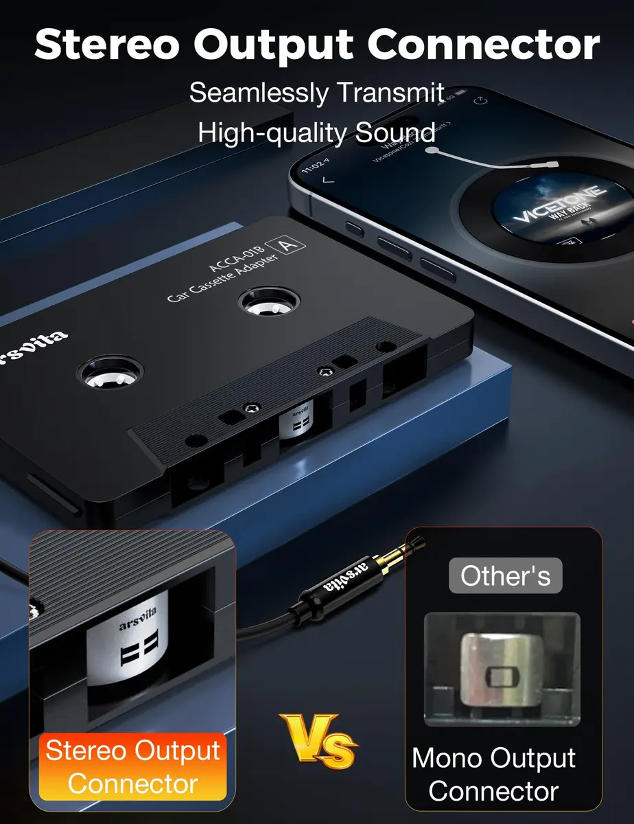 arsvita Bluetooth Cassette Adapter with 3.5mm Aux Cable, Black | Upgraded 5.1 Bluetooth for Car Audio Systems - view 4