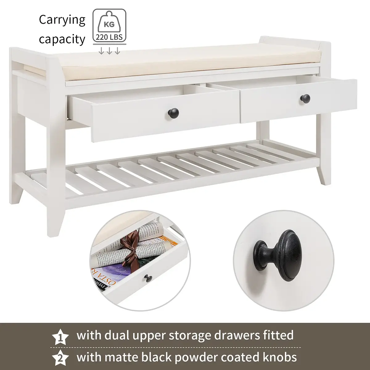 Acosure 39″ Storage Bench with Cushioned Seat and Drawers | Wooden Entryway Ottoman with Hidden Compartments - view 5