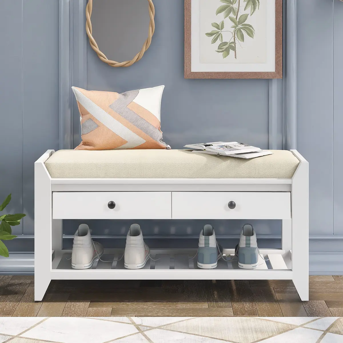 Acosure 39″ Storage Bench with Cushioned Seat and Drawers | Wooden Entryway Ottoman with Hidden Compartments - view 3