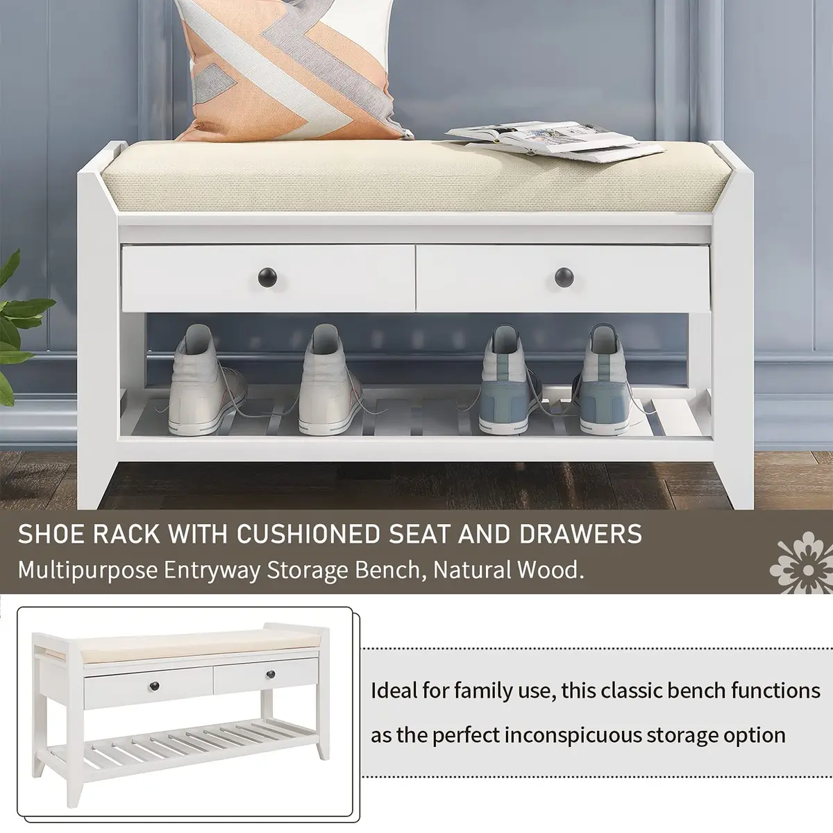 Acosure 39″ Storage Bench with Cushioned Seat and Drawers | Wooden Entryway Ottoman with Hidden Compartments - view 4