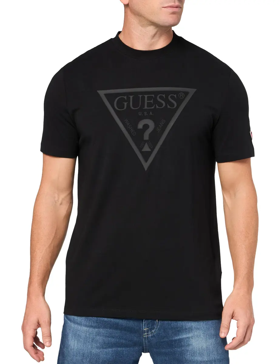 GUESS Eco Tonal Logo Short Sleeve T-Shirt, Jet Black, Large | Organic Cotton, Regular Fit, Casual Style - main product image