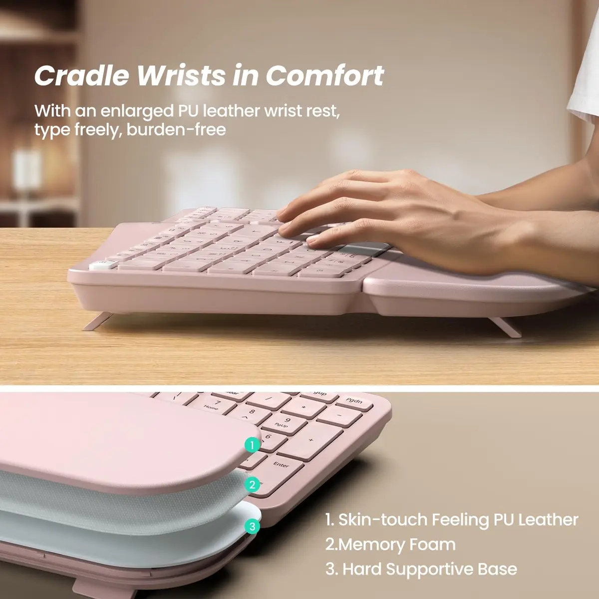 Nulea RT05 Wireless Ergonomic Keyboard Split Keyboard with Wrist Rest | Bluetooth & USB-C, 7-Color Backlight, Compatible with Windows/Mac (Pink) - view 5