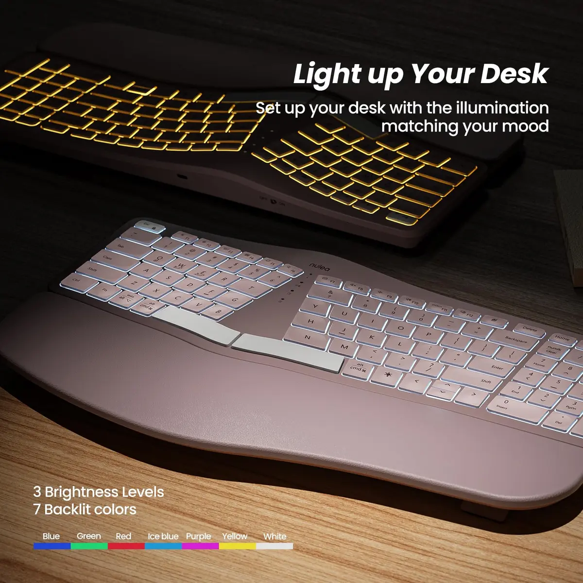 Nulea RT05 Wireless Ergonomic Keyboard Split Keyboard with Wrist Rest | Bluetooth & USB-C, 7-Color Backlight, Compatible with Windows/Mac (Pink) - view 6
