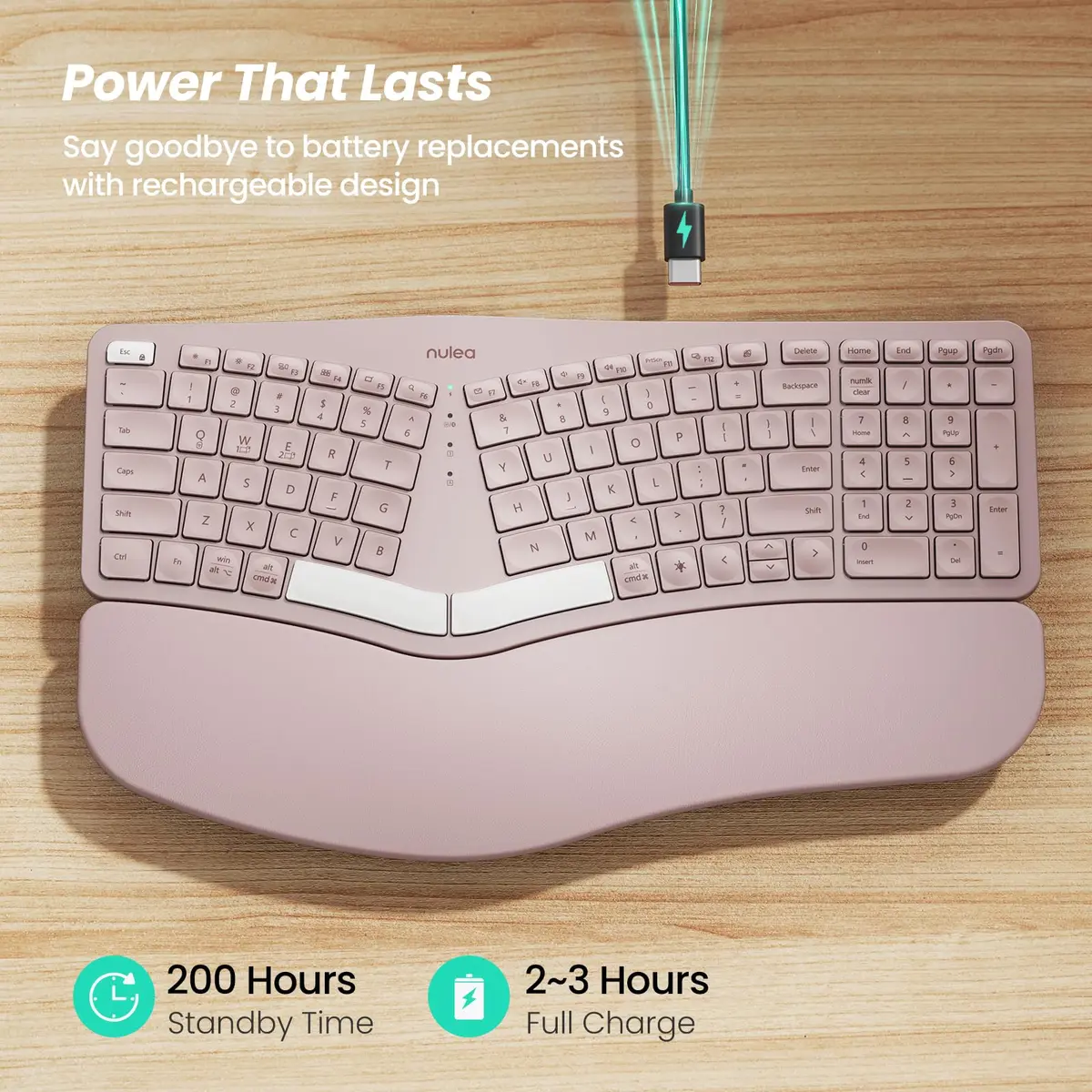 Nulea RT05 Wireless Ergonomic Keyboard Split Keyboard with Wrist Rest | Bluetooth & USB-C, 7-Color Backlight, Compatible with Windows/Mac (Pink) - view 3