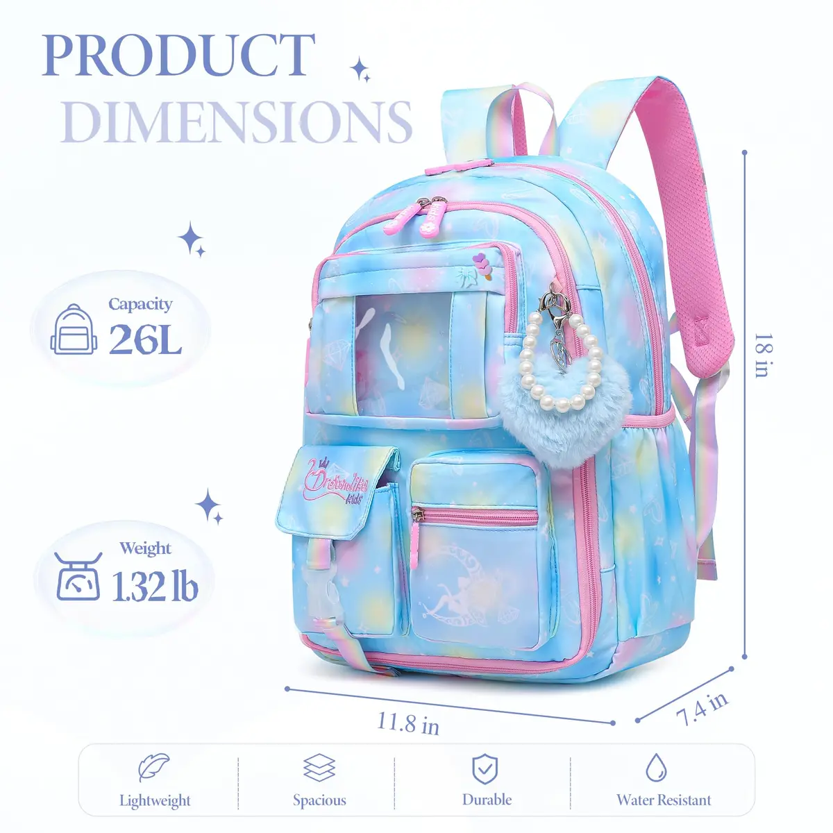 Alrisg Girls Backpack 18.1 x 11.8 x 7.5 inches (46 x 30 x 19 cm) | Cute Pastel School Bookbag for Kids - view 6