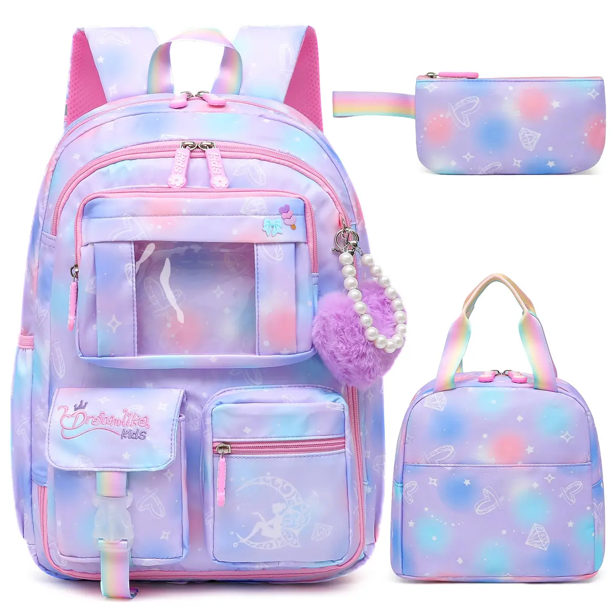 Alrisg Girls Backpack Set 43cm (17 inch) | Cute Purple Bookbag with Lunch Bag & Pencil Case for School - main product image