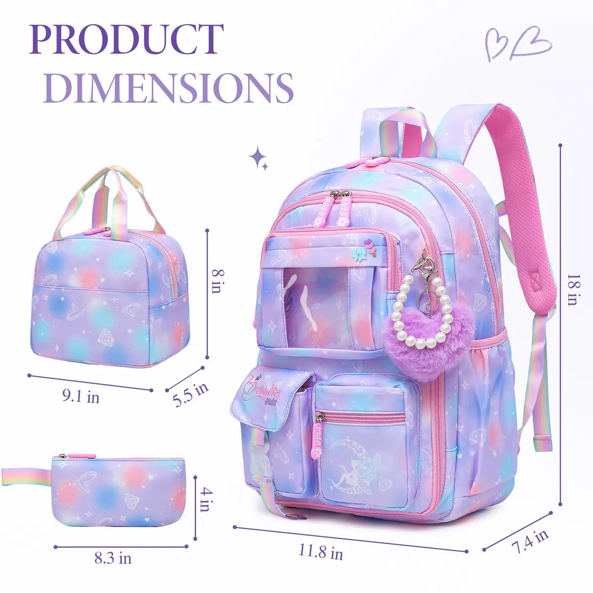Alrisg Girls Backpack Set 43cm (17 inch) | Cute Purple Bookbag with Lunch Bag & Pencil Case for School - view 7