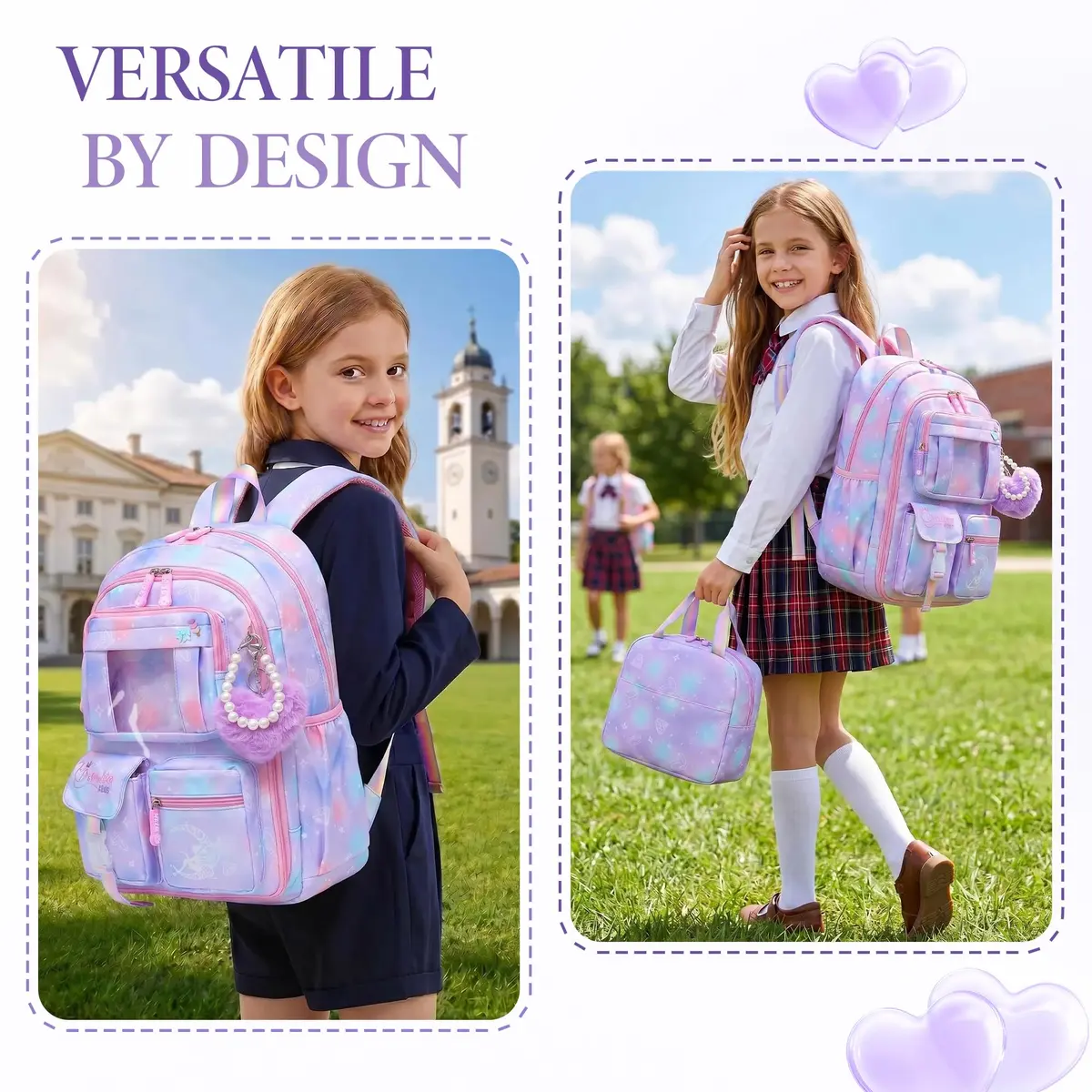 Alrisg Girls Backpack Set 43cm (17 inch) | Cute Purple Bookbag with Lunch Bag & Pencil Case for School - view 8