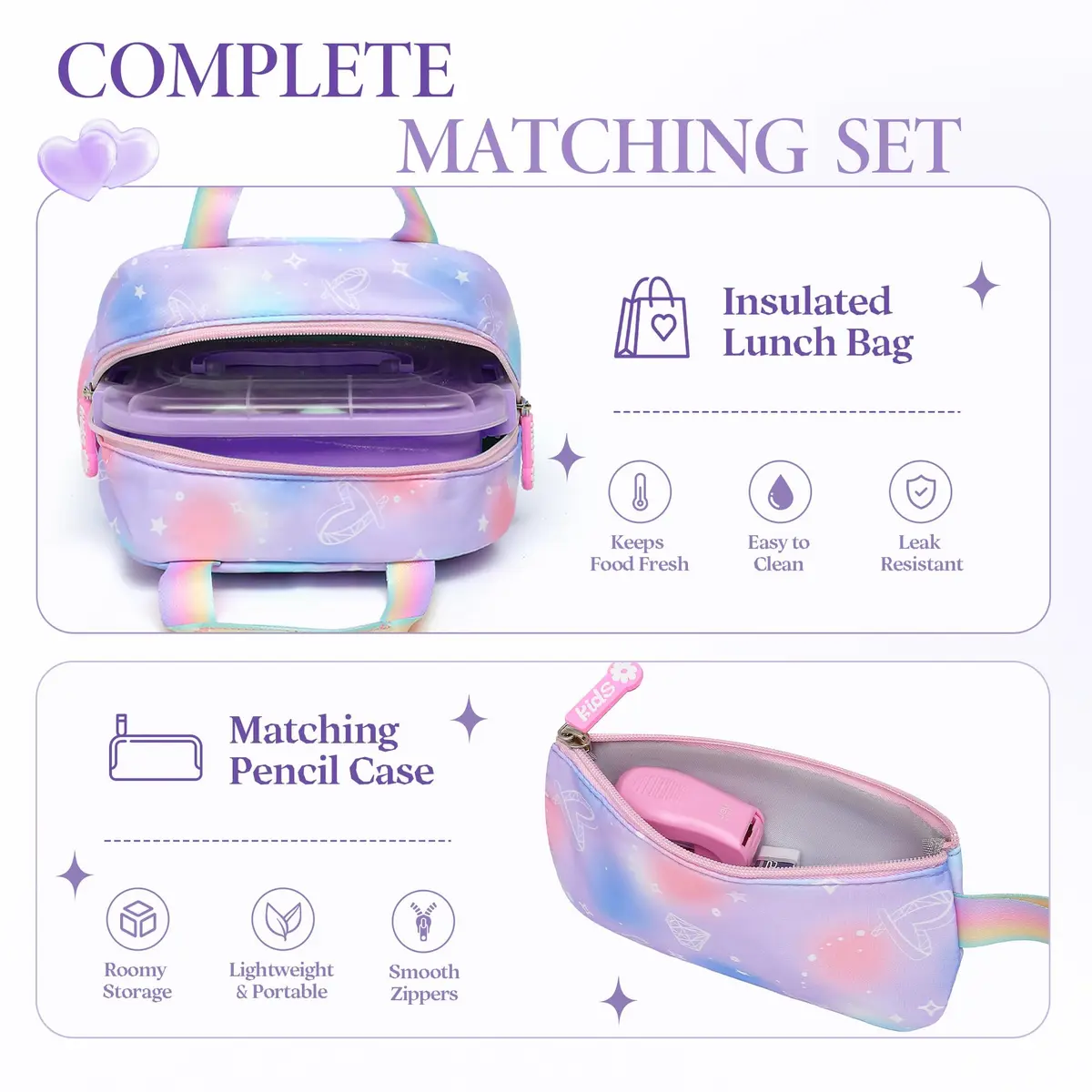 Alrisg Girls Backpack Set 43cm (17 inch) | Cute Purple Bookbag with Lunch Bag & Pencil Case for School - view 3