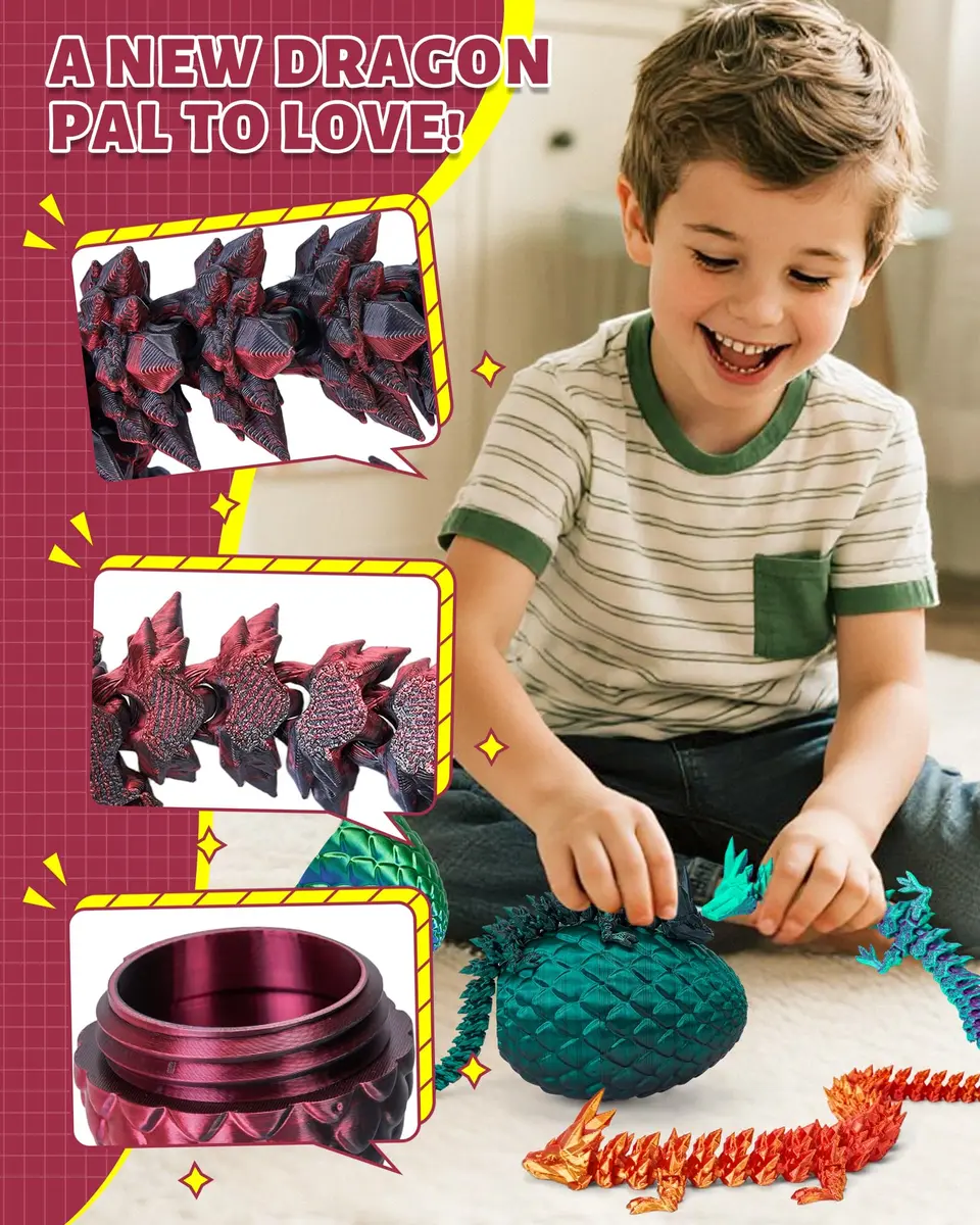 TBOLINE 3D Printed Dragon Egg with Articulated Crystal Dragon Toy, Shadow Crimson, 9.3 cm (2.2 in) | Officially Licensed by Cinderwing3D - view 2